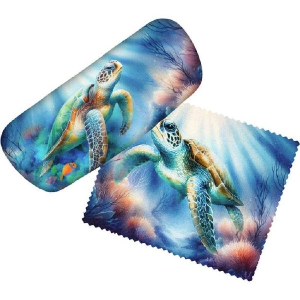 Sea Turtle 6" Eye Glass Case Hard  Cleaning Lens Cloth Honu Reef Ocean New Gift